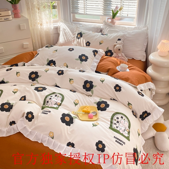 91家纺网 家纺一手货源 找家纺 玉元坊 2025春夏新款公主风全棉纯棉花边被套床单四件套 邦尼兔