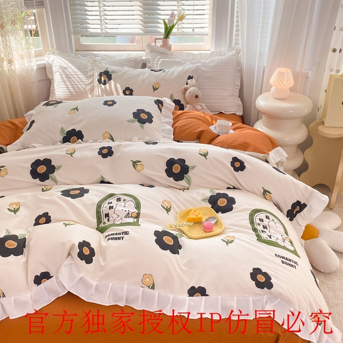 91家纺网 家纺一手货源 找家纺 玉元坊 2025春夏新款公主风全棉纯棉花边被套床单四件套 邦尼兔