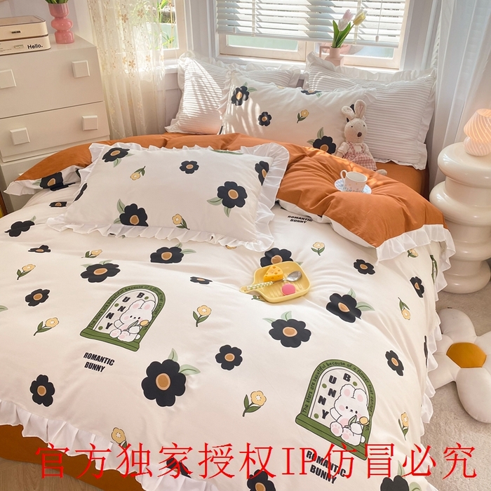 91家纺网 家纺一手货源 找家纺 玉元坊 2025春夏新款公主风全棉纯棉花边被套床单四件套 邦尼兔