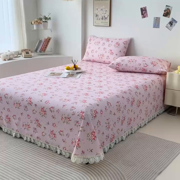 91家纺网 家纺一手货源 找家纺 义博家纺 2025新款纯棉老粗布花边款单床单 霞染层云