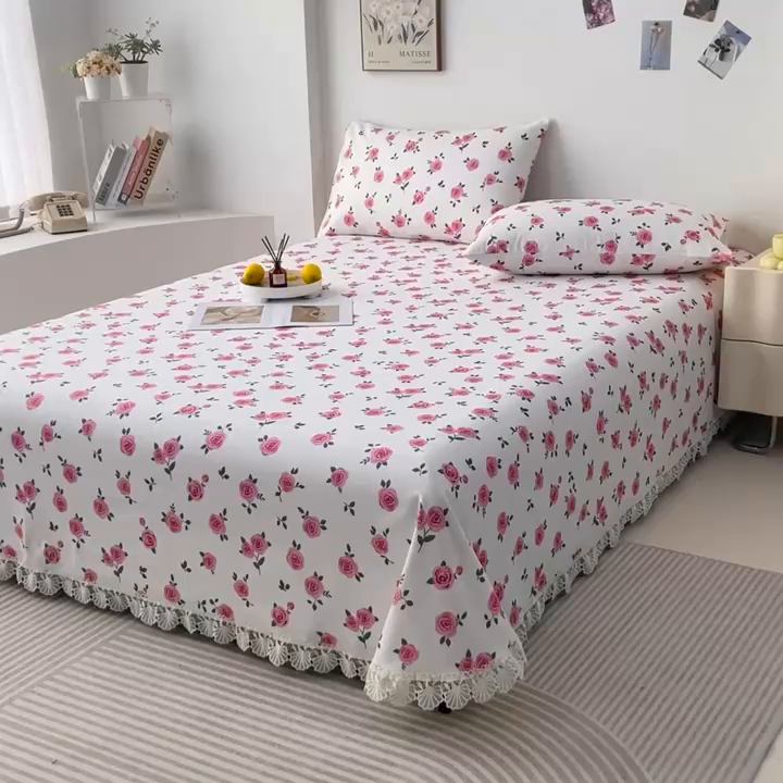 91家纺网 家纺一手货源 找家纺 义博家纺 2025新款纯棉老粗布花边款单床单 月汐幻梦