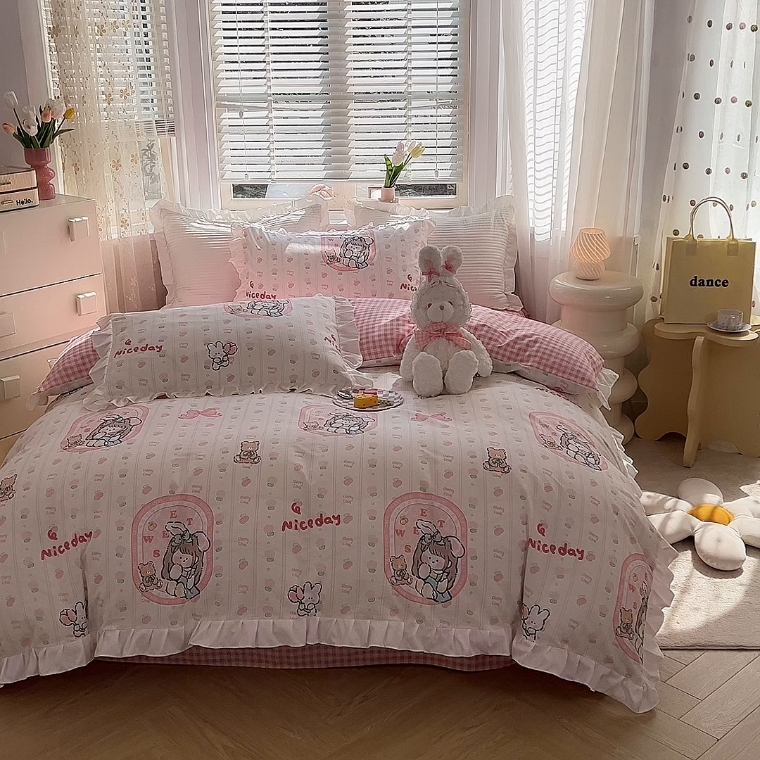 91家纺网 家纺一手货源 找家纺 玉元坊 2025春夏新款公主风全棉纯棉花边被套床单四件套 公主兔