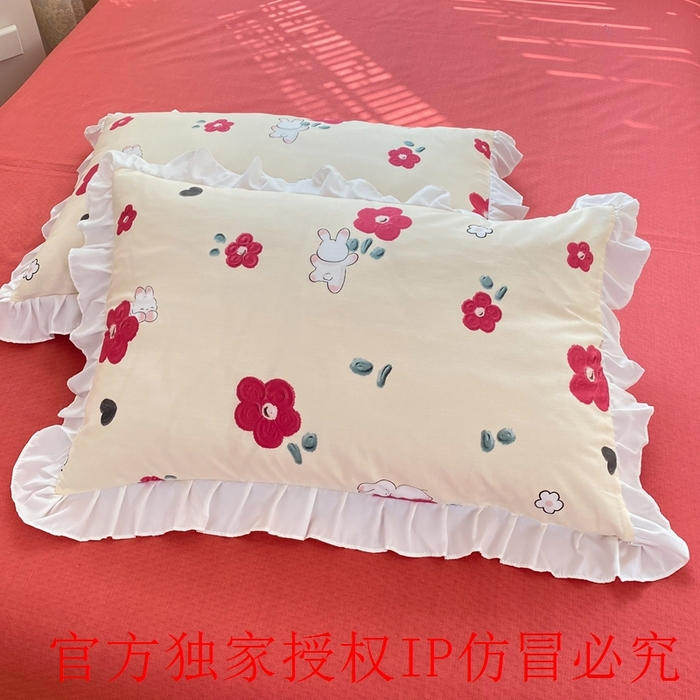 91家纺网 家纺一手货源 找家纺 玉元坊 2025春夏新款公主风全棉纯棉花边被套床单四件套 红花兔