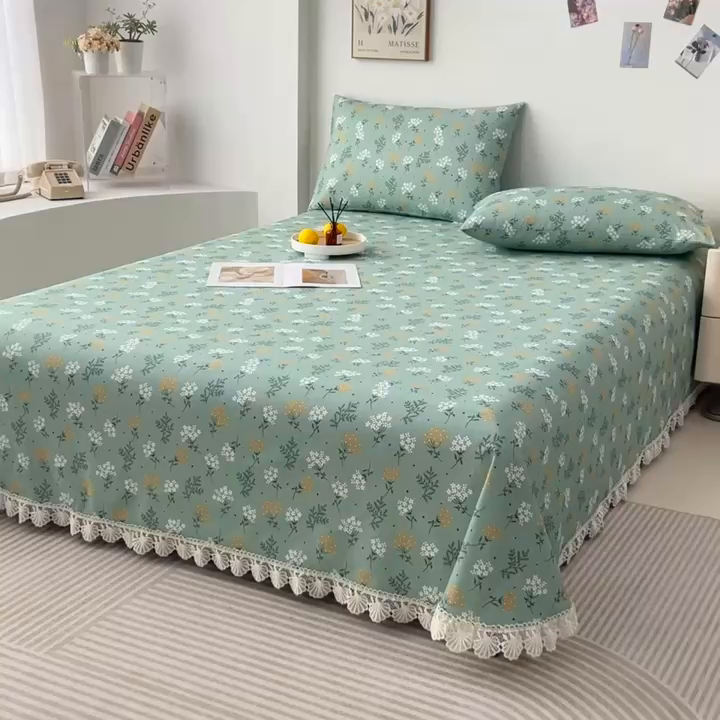 91家纺网 家纺一手货源 找家纺 义博家纺 2025新款纯棉老粗布花边款单床单 向阳花开