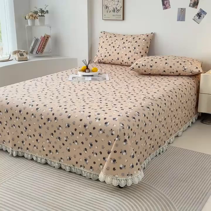 91家纺网 家纺一手货源 找家纺 义博家纺 2025新款纯棉老粗布花边款单床单 月影疏疏