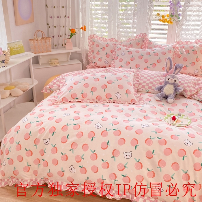 91家纺网 家纺一手货源 找家纺 玉元坊 2025春夏新款公主风全棉纯棉花边被套床单四件套 桔子熊
