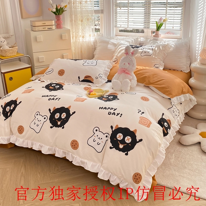 91家纺网 家纺一手货源 找家纺 玉元坊 2025春夏新款公主风全棉纯棉花边被套床单四件套 煤球