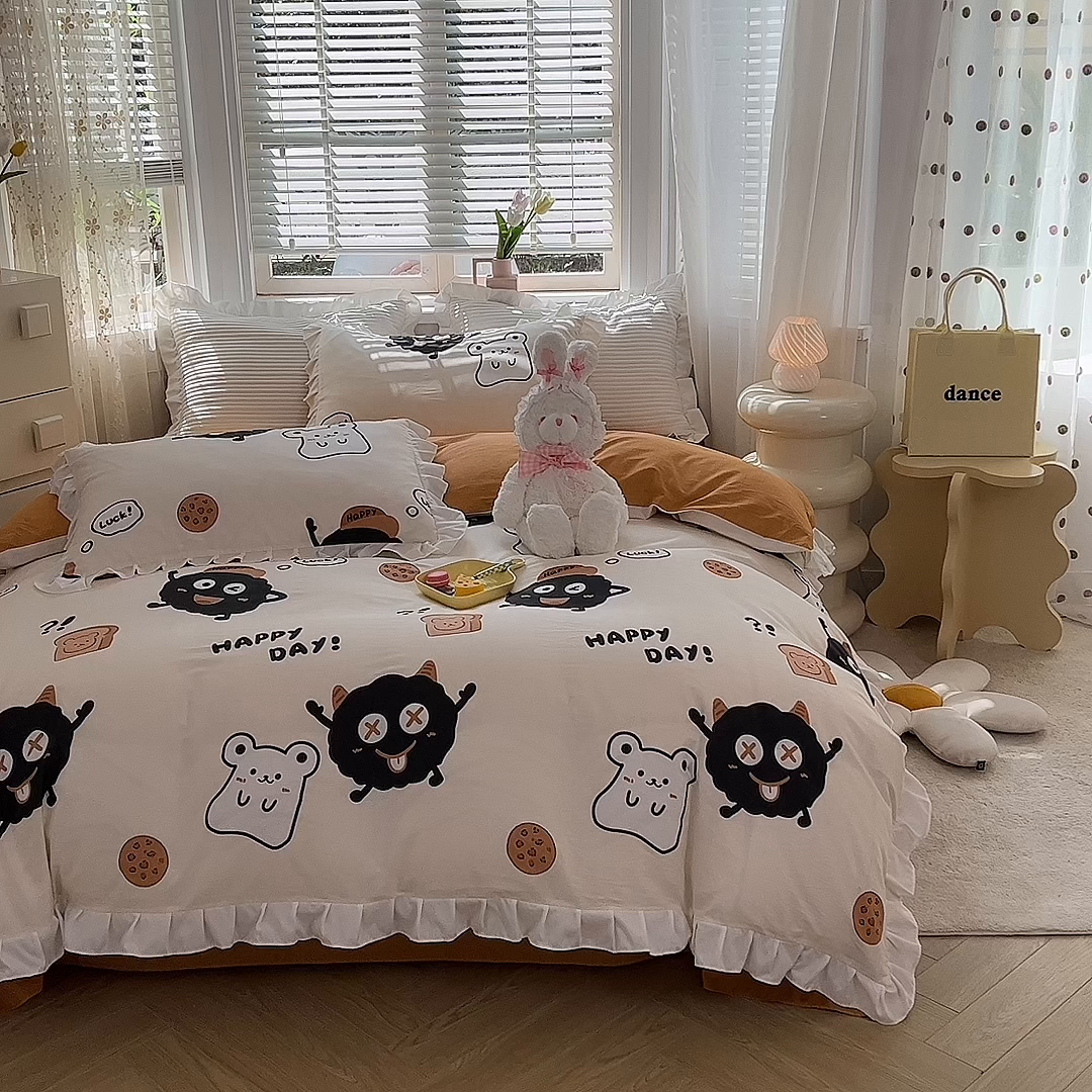 91家纺网 家纺一手货源 找家纺 玉元坊 2025春夏新款公主风全棉纯棉花边被套床单四件套 煤球