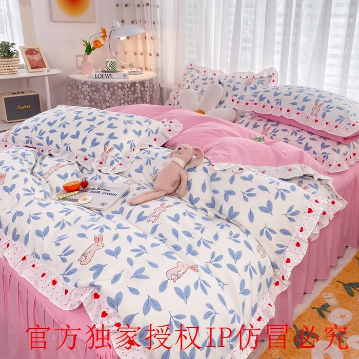 91家纺网 家纺一手货源 找家纺 玉元坊 2025春夏新款公主风全棉纯棉花边被套床单四件套 树叶兔