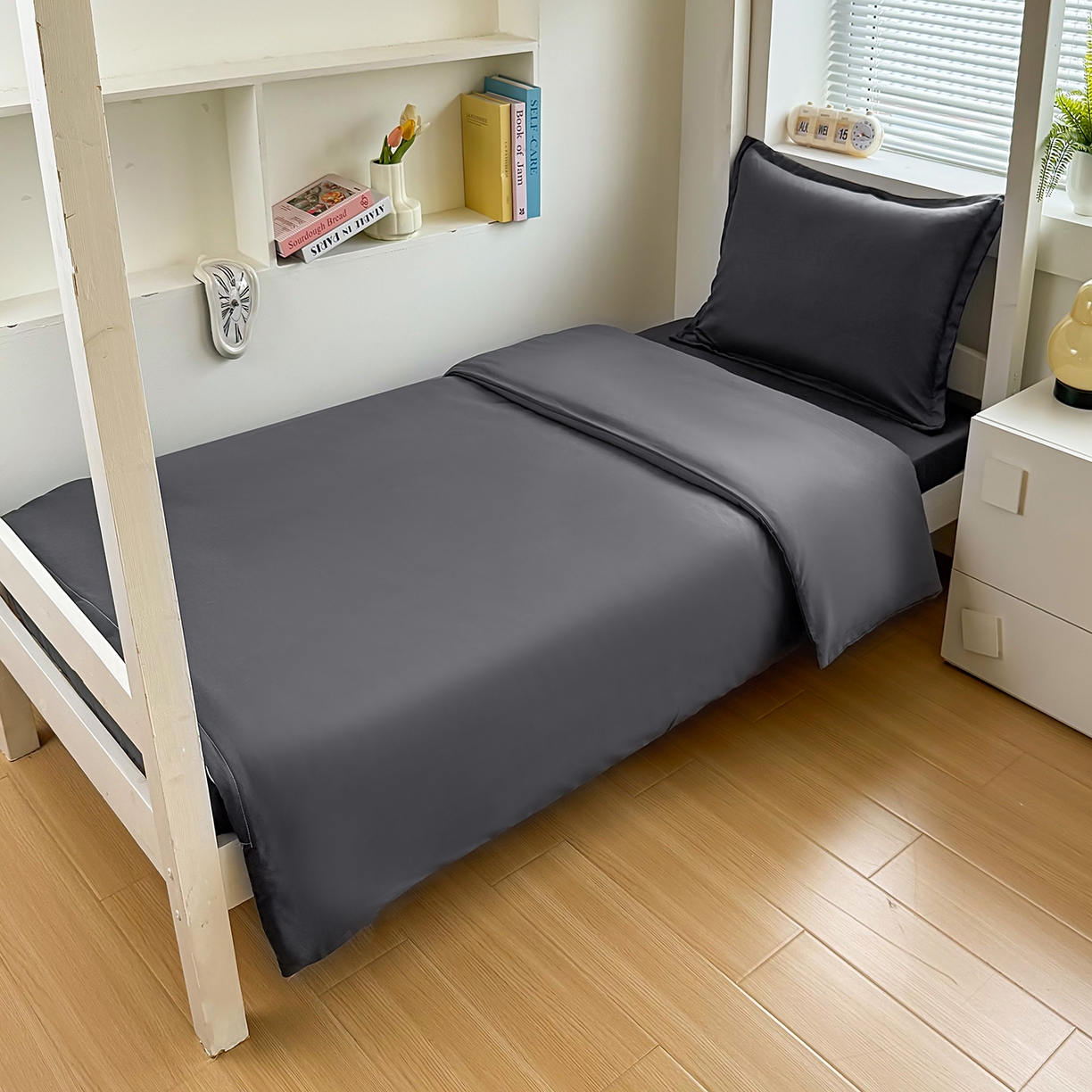 91家纺网 家纺一手货源 找家纺 茗婷家纺 2025供外贸跨境纯色床单笠学生三件套上下铺三件套军训宿舍医院养老院 高级灰