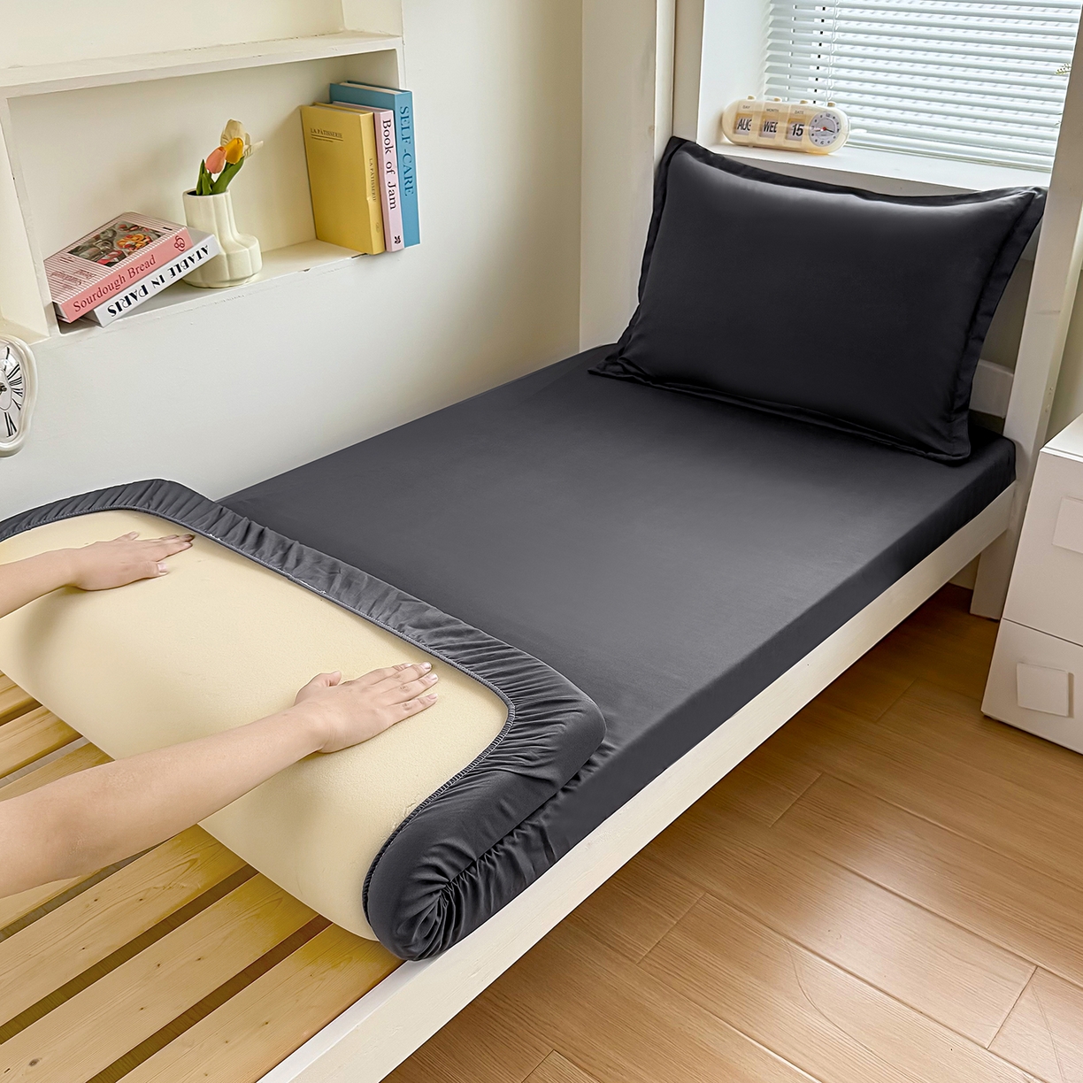 91家纺网 家纺一手货源 找家纺 （总）茗婷家纺 2025新款供跨境外贸高克重纯色磨毛床笠宾馆养老院床笠多规格