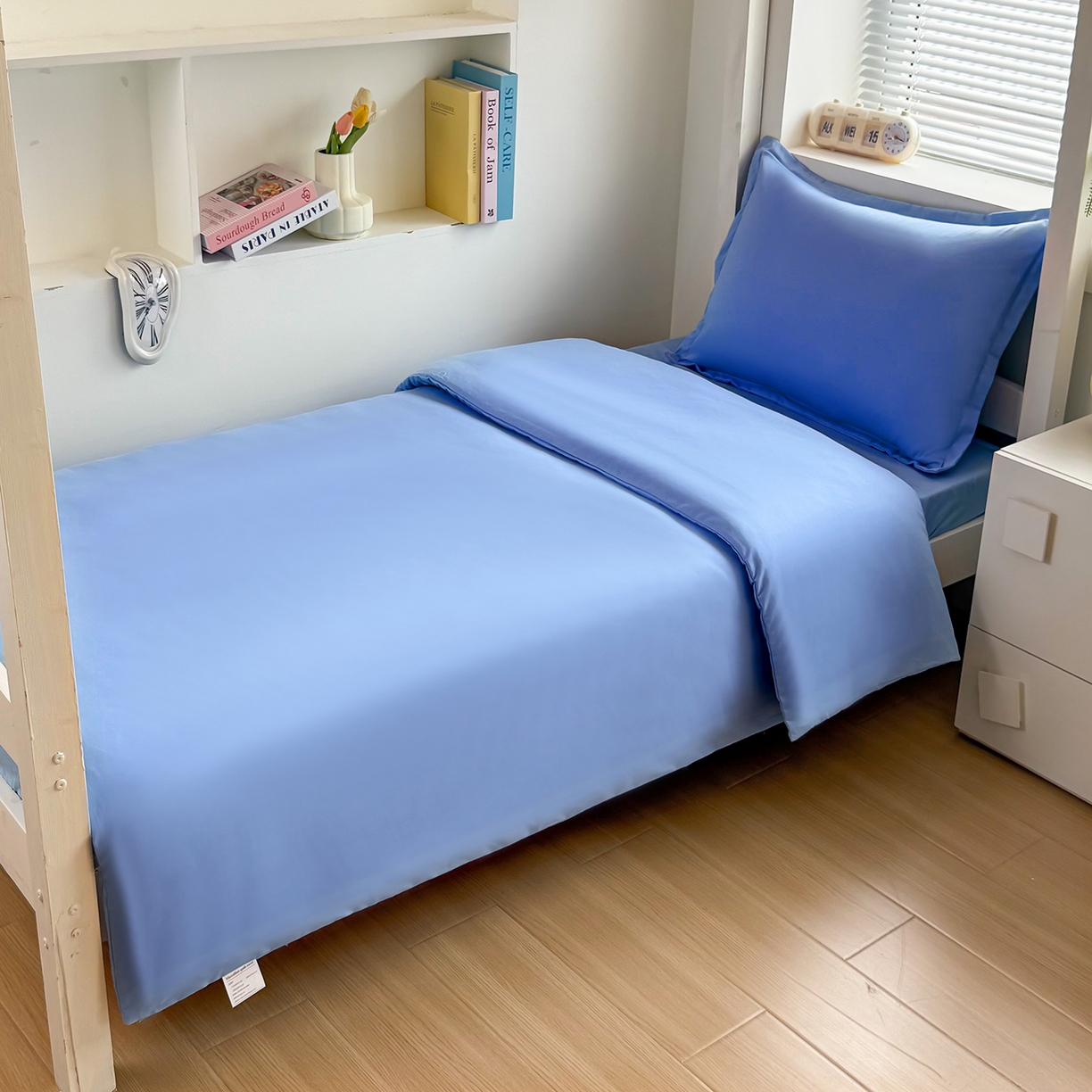 91家纺网 家纺一手货源 找家纺 茗婷家纺 2025供外贸跨境纯色床单笠学生三件套上下铺三件套军训宿舍医院养老院 海盐蓝