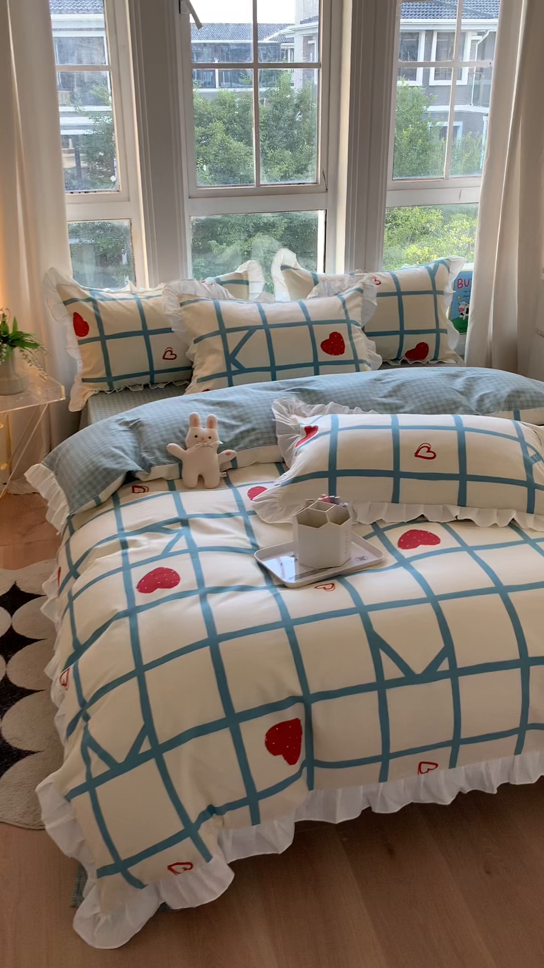 91家纺网 家纺一手货源 找家纺 玉元坊 2025春夏新款公主风全棉纯棉花边被套床单四件套 心心格