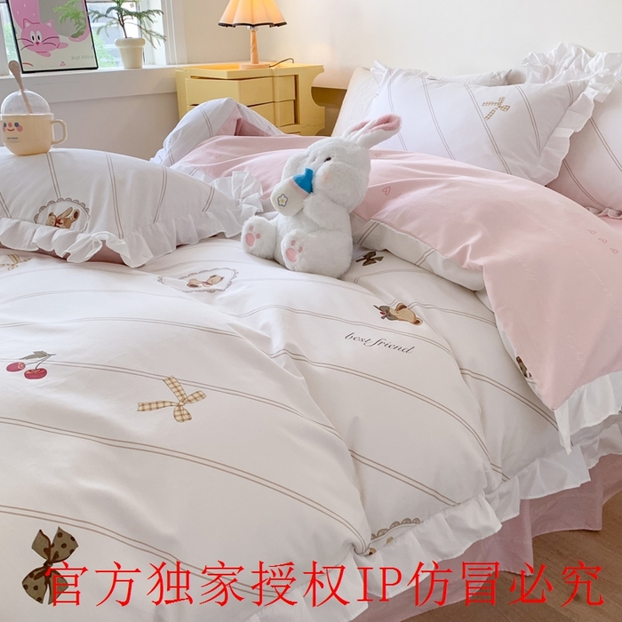 91家纺网 家纺一手货源 找家纺 玉元坊 2025春夏新款公主风全棉纯棉花边被套床单四件套 悠然小贝