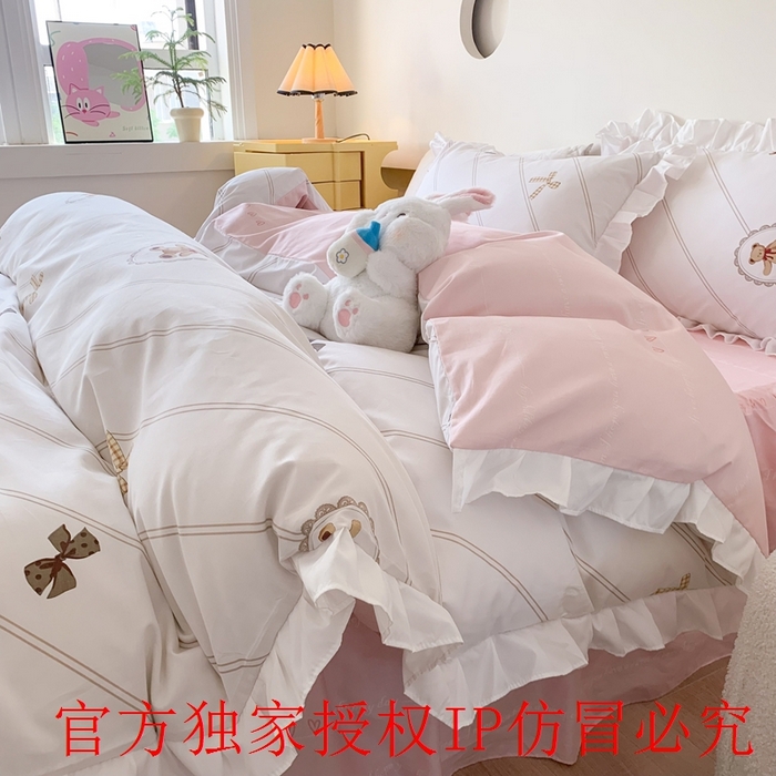 91家纺网 家纺一手货源 找家纺 玉元坊 2025春夏新款公主风全棉纯棉花边被套床单四件套 悠然小贝