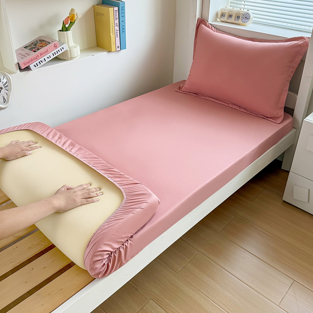 茗婷家纺 2025新款供跨境外贸高克重纯色磨毛床笠宾馆养老院床笠多规格 豆沙