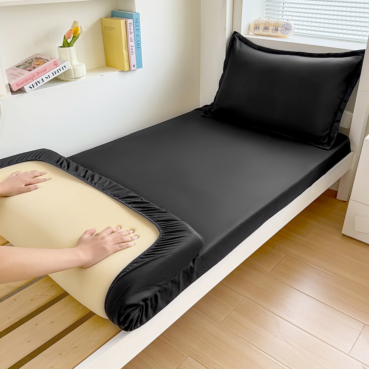 茗婷家纺 2025新款供跨境外贸高克重纯色磨毛床笠宾馆养老院床笠多规格 黑色