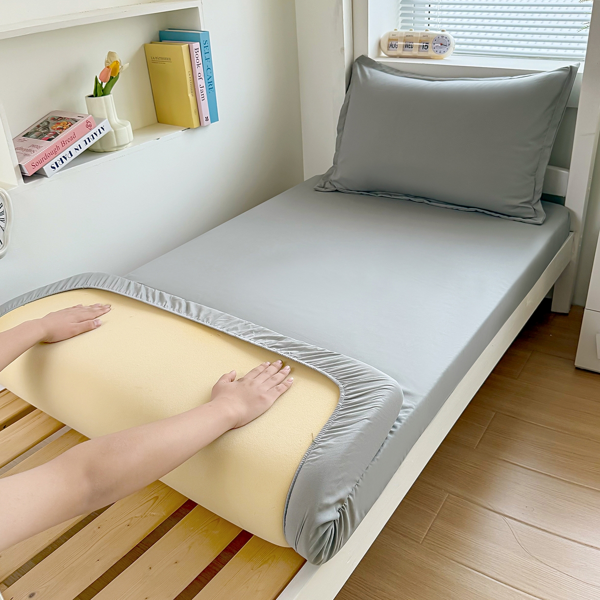 茗婷家纺 2025新款供跨境外贸高克重纯色磨毛床笠宾馆养老院床笠多规格 浅灰