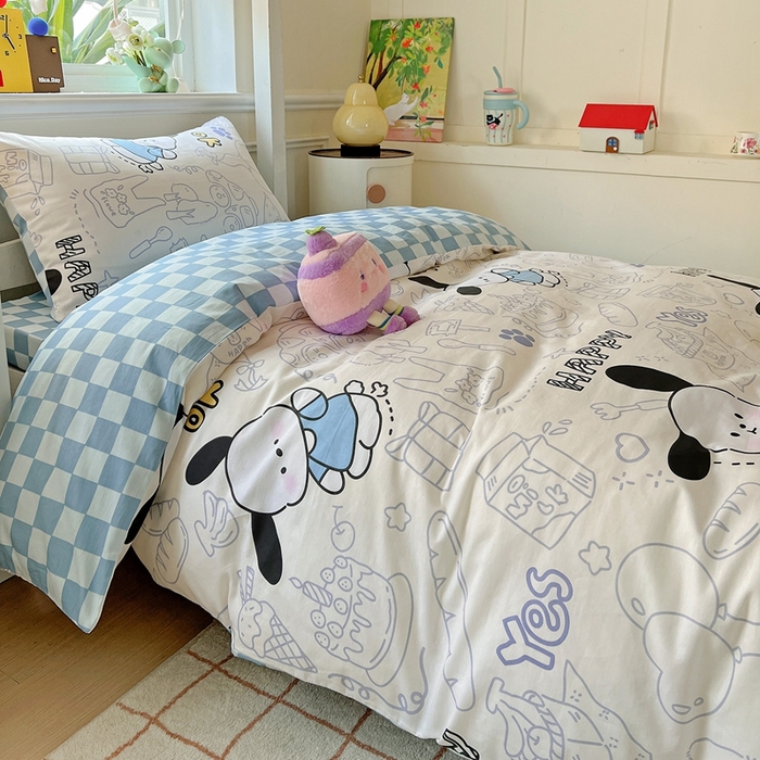 91家纺网 家纺一手货源 找家纺 三兄弟 2025新款全棉印花学生三件套床单床笠四件套被套 蓝色小狗