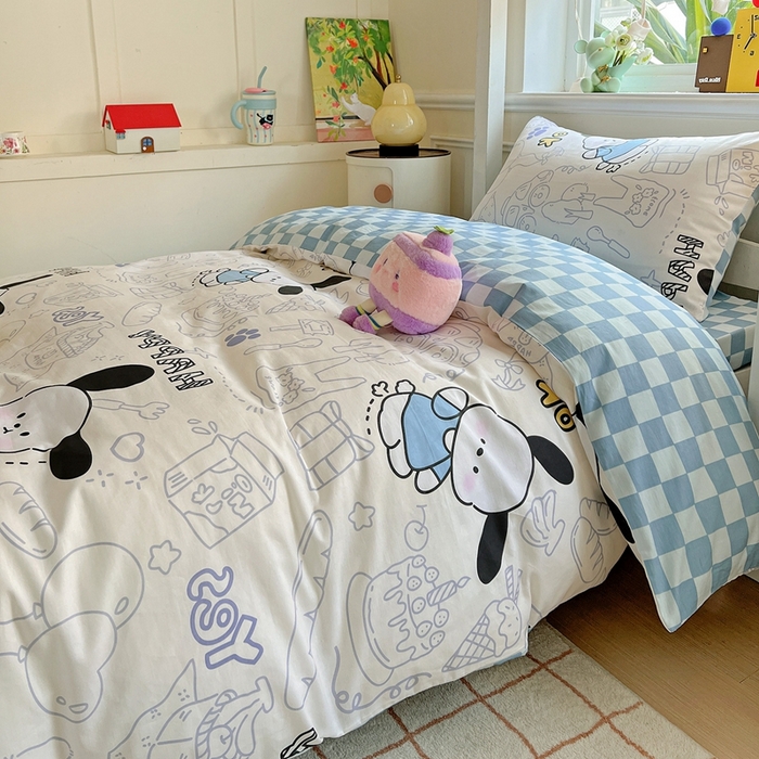 91家纺网 家纺一手货源 找家纺 三兄弟 2025新款全棉印花学生三件套床单床笠四件套被套 蓝色小狗
