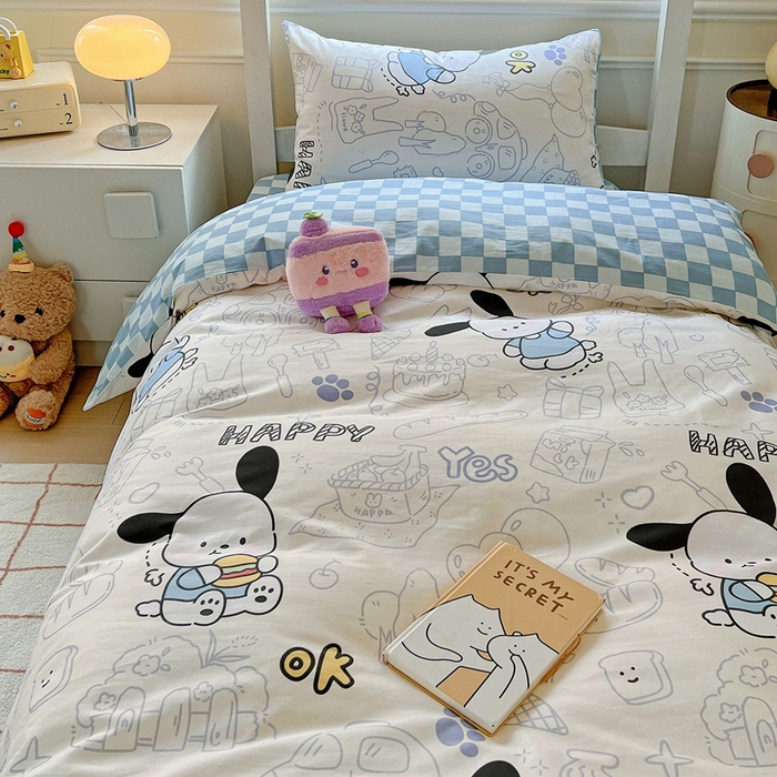 91家纺网 家纺一手货源 找家纺 三兄弟 2025新款全棉印花学生三件套床单床笠四件套被套 蓝色小狗