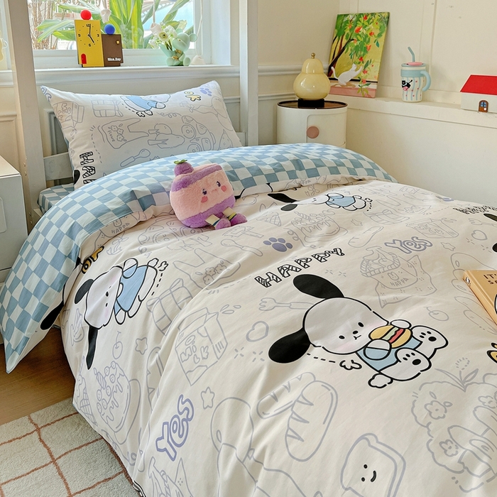 91家纺网 家纺一手货源 找家纺 三兄弟 2025新款全棉印花学生三件套床单床笠四件套被套 蓝色小狗