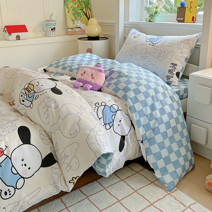 91家纺网 家纺一手货源 找家纺 三兄弟 2025新款全棉印花学生三件套床单床笠四件套被套 蓝色小狗