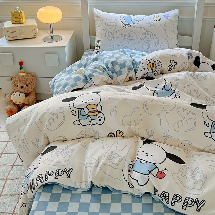 91家纺网 家纺一手货源 找家纺 三兄弟 2025新款全棉印花学生三件套床单床笠四件套被套 蓝色小狗