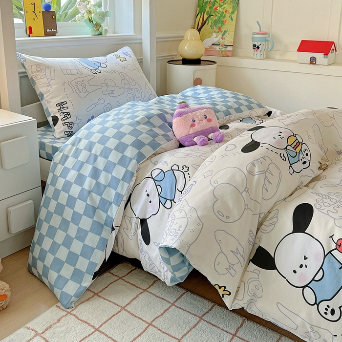 91家纺网 家纺一手货源 找家纺 三兄弟 2025新款全棉印花学生三件套床单床笠四件套被套 蓝色小狗