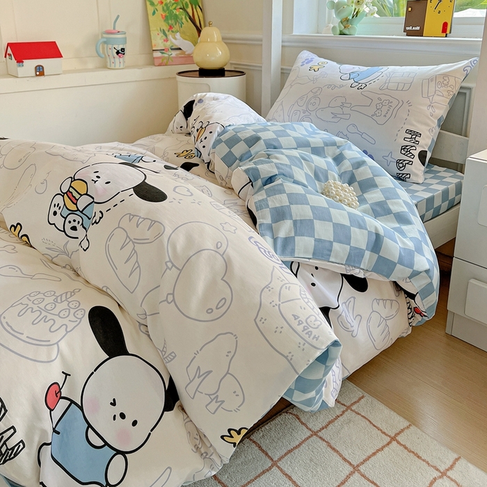 91家纺网 家纺一手货源 找家纺 三兄弟 2025新款全棉印花学生三件套床单床笠四件套被套 蓝色小狗