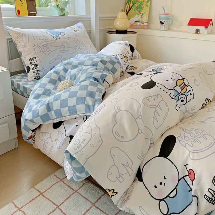 91家纺网 家纺一手货源 找家纺 三兄弟 2025新款全棉印花学生三件套床单床笠四件套被套 蓝色小狗