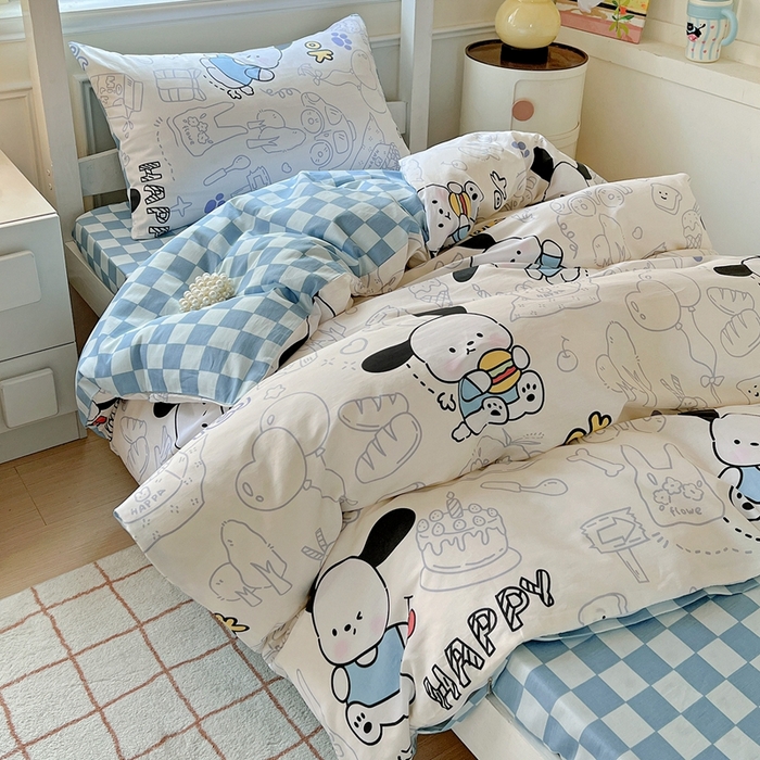 91家纺网 家纺一手货源 找家纺 三兄弟 2025新款全棉印花学生三件套床单床笠四件套被套 蓝色小狗