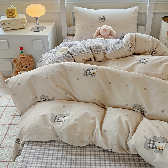 91家纺网 家纺一手货源 找家纺 三兄弟 2025新款全棉印花学生三件套床单床笠四件套被套 晚安小狗