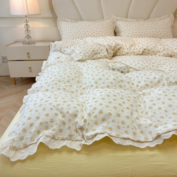 91家纺网 家纺一手货源 找家纺 韩巢家纺 2025新款双层纱镂空花边被套直播热销款四件套（提供卖家秀） 镂空花边款-橘子海