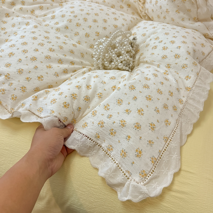 91家纺网 家纺一手货源 找家纺 韩巢家纺 2025新款双层纱镂空花边被套直播热销款四件套（提供卖家秀） 镂空花边款-橘子海