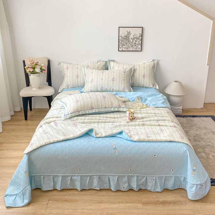 富之航家纺 2025新款全棉印花床盖四件套 蓝屿絮