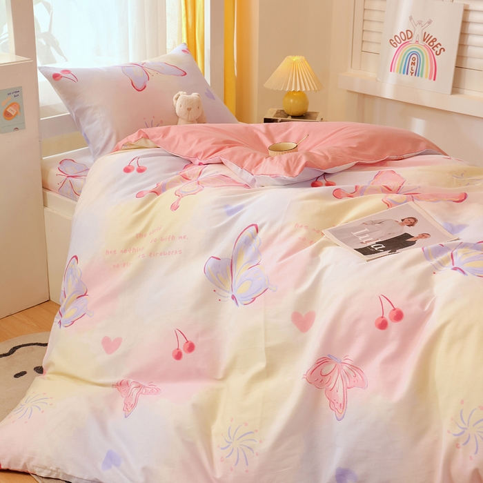 91家纺网 家纺一手货源 找家纺 金鑫汇家纺 2025新款印花花型-学生上下铺三件套 彩蝶飞舞