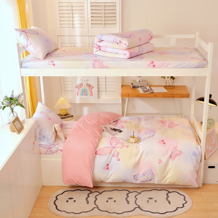 91家纺网 家纺一手货源 找家纺 金鑫汇家纺 2025新款印花花型-学生上下铺三件套 彩蝶飞舞