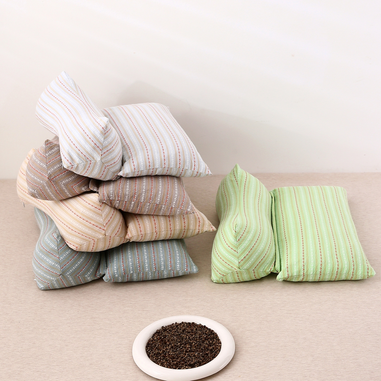 （总）珍贝家纺 2025新款全棉水洗棉条纹荞麦枕二合一组合枕牵引枕  枕头枕芯