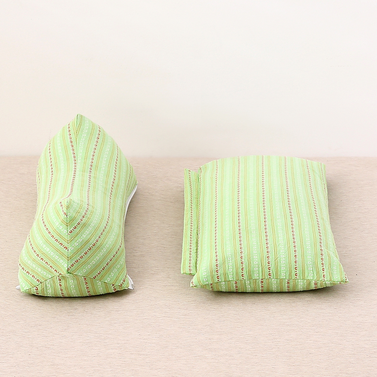 91家纺网 家纺一手货源 找家纺 珍贝家纺 2025新款全棉水洗棉条纹荞麦枕二合一组合枕牵引枕  枕头枕芯 二合一条纹荞麦-绿色/只 二合一荞麦枕