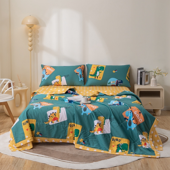 91家纺网 家纺一手货源 找家纺 小叮当家纺仓储工厂店 （提供买家秀 爆款花型 不断货）2025新款全棉A类印花纯棉花夏被可机洗空调被 恐龙家族-绿