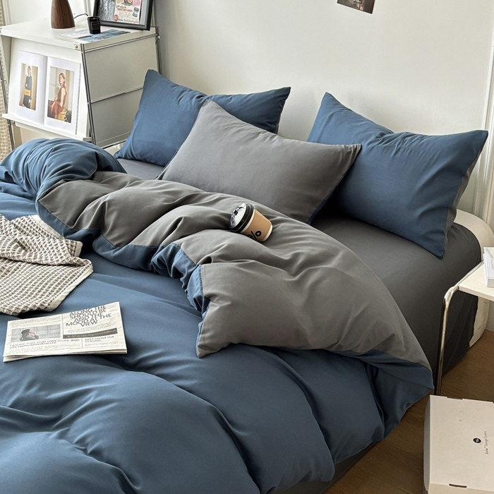 91家纺网 家纺一手货源 找家纺 百花王 2025新款亲肤舒适简约纯色水洗棉四件套 宝蓝灰