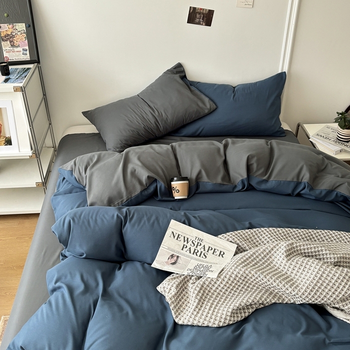 91家纺网 家纺一手货源 找家纺 百花王 2025新款亲肤舒适简约纯色水洗棉四件套 宝蓝灰
