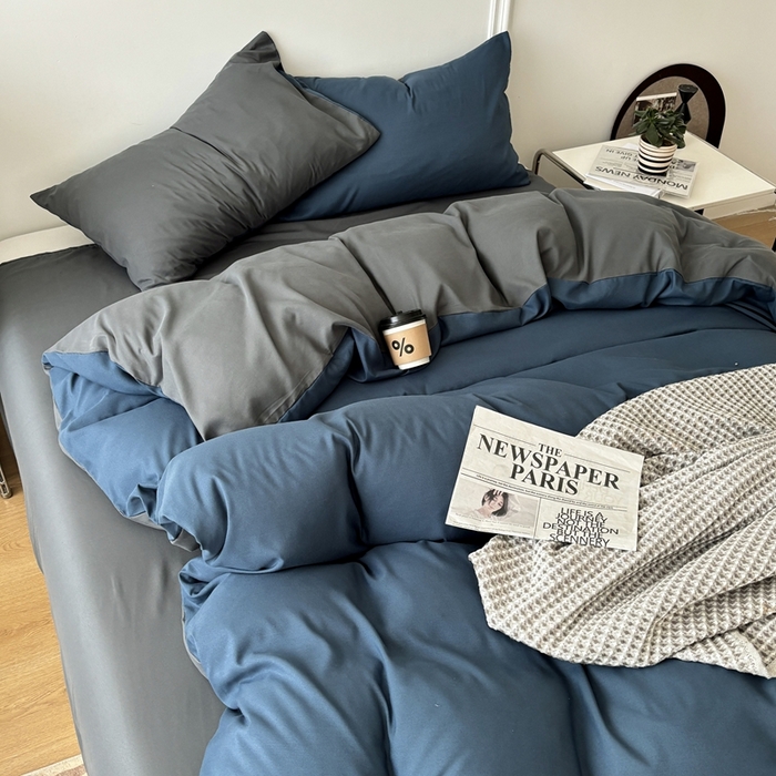 91家纺网 家纺一手货源 找家纺 百花王 2025新款亲肤舒适简约纯色水洗棉四件套 宝蓝灰
