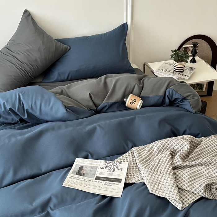 91家纺网 家纺一手货源 找家纺 百花王 2025新款亲肤舒适简约纯色水洗棉四件套 宝蓝灰