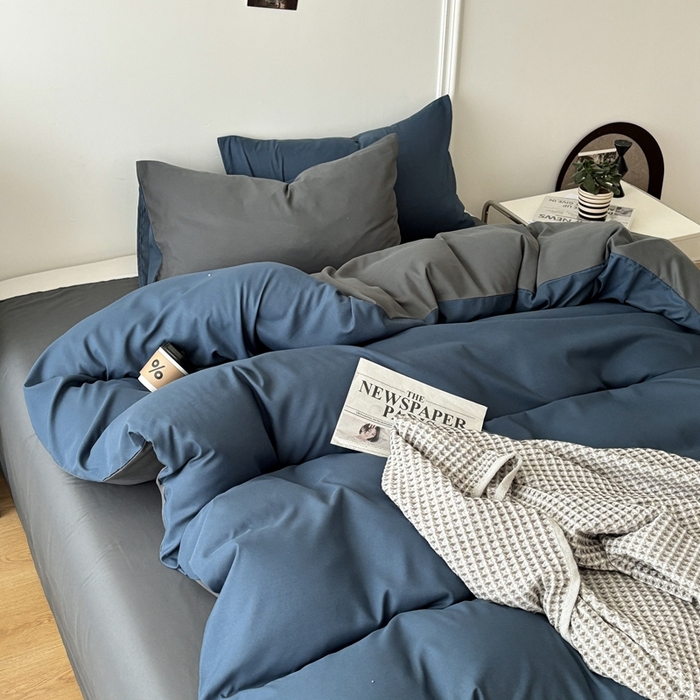 91家纺网 家纺一手货源 找家纺 百花王 2025新款亲肤舒适简约纯色水洗棉四件套 宝蓝灰