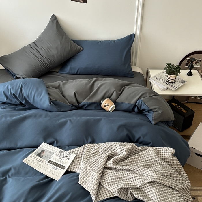91家纺网 家纺一手货源 找家纺 百花王 2025新款亲肤舒适简约纯色水洗棉四件套 宝蓝灰