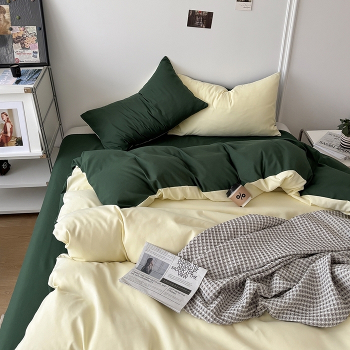 91家纺网 家纺一手货源 找家纺 百花王 2025新款亲肤舒适简约纯色水洗棉四件套 豆绿牛乳