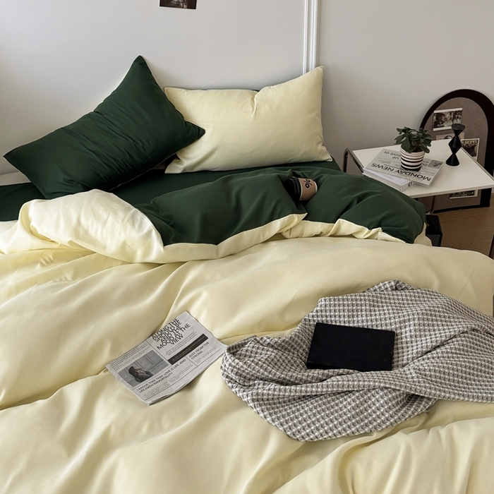 91家纺网 家纺一手货源 找家纺 百花王 2025新款亲肤舒适简约纯色水洗棉四件套 豆绿牛乳