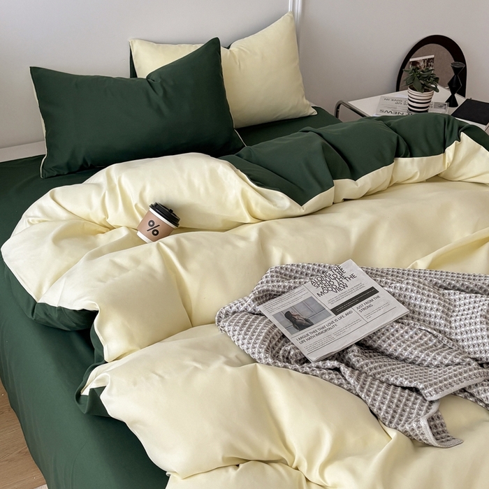 91家纺网 家纺一手货源 找家纺 百花王 2025新款亲肤舒适简约纯色水洗棉四件套 豆绿牛乳
